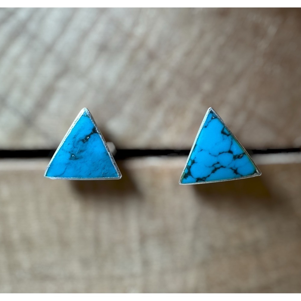 VTG Artisan Stud Earrings 0.3" Triangle Blue Black Turquoise 925 Sterling 1.0g